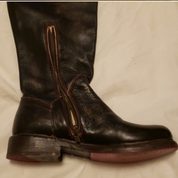 BED|STÜ Manchester Distressed Black Leather Knee-High Boots Red Stitching/Soles - Picture 9 of 16